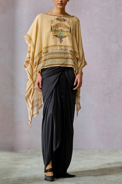 Ecru art printed embroidered layered top