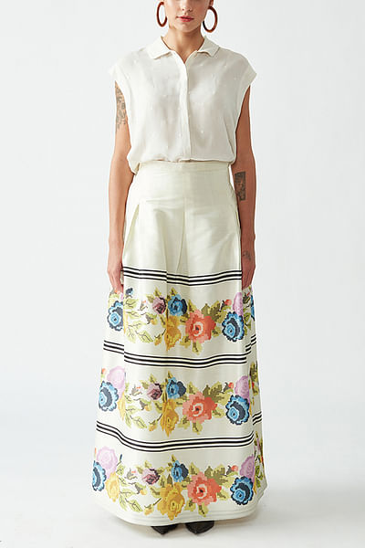 Ecru floral and stripe printed skirt