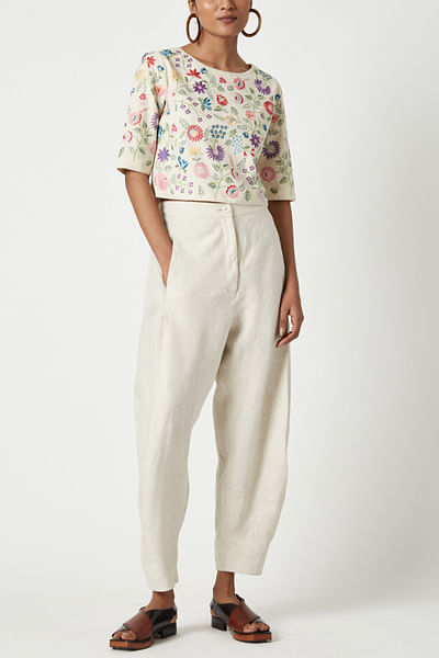 Ecru floral embroidered top