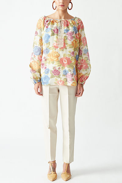 Ecru floral printed embroidered top