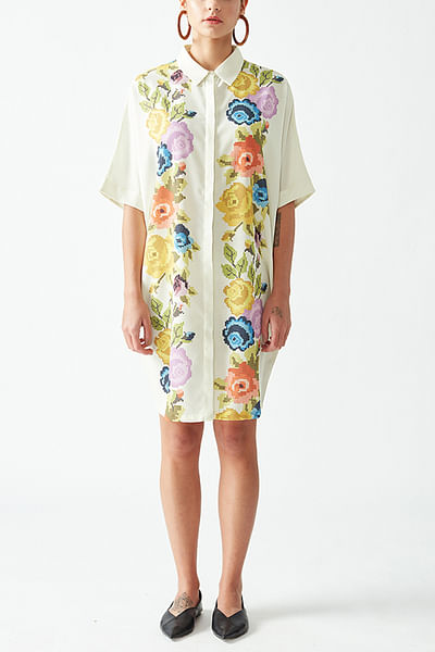 Ecru floral printed shirt dress