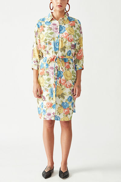 Ecru floral printed tunic dress