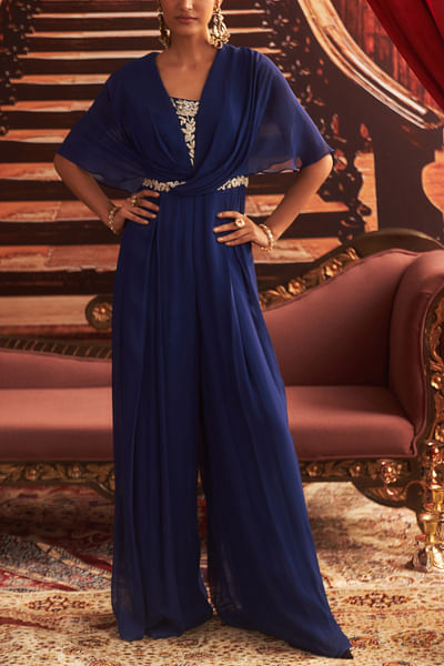 Electric blue embellished draped jumpsuit