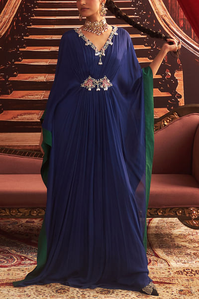 Electric blue embellished draped kaftaan