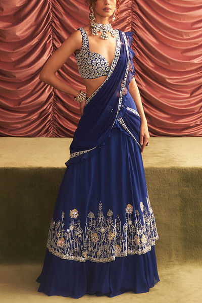 Electric blue embellished lehenga sari set