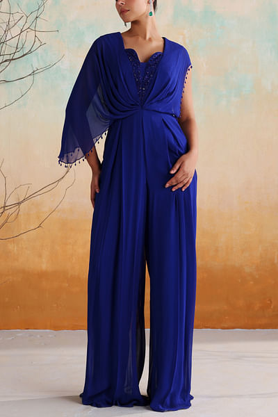 Electric blue embroidered darped jumpsuit