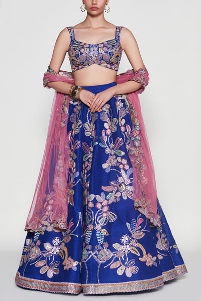 Electric blue floral appliqued lehenga set