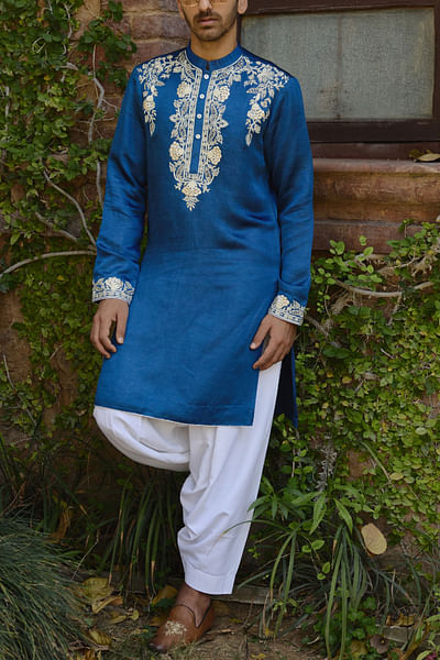 Electric blue floral dabka embroidery kurta set