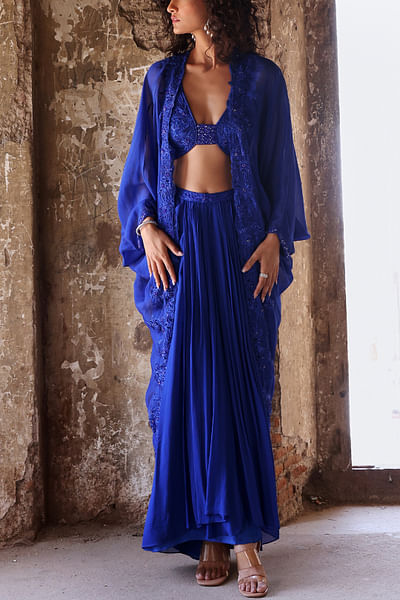 Electric blue floral embroidery cape set