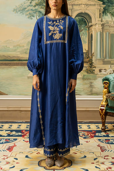 Electric blue floral embroidery kurta set
