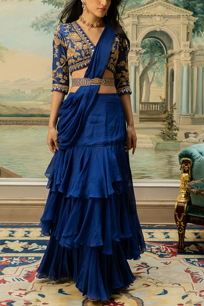 Electric blue layered pre-stitched sari set
