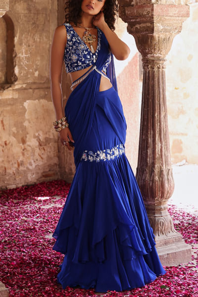Electric blue layered pre-stitched sari set