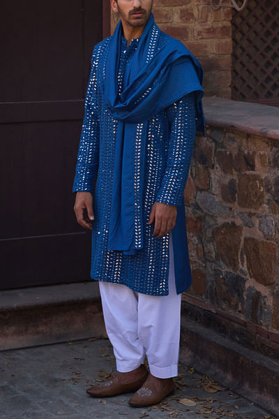 Electric blue mirror embroidered kurta set