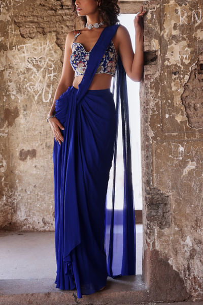 Electric blue pre-draped concept sari set