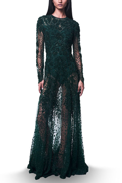 Emerald 3D floral crystal embroidered gown