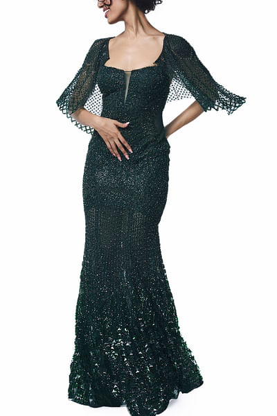 Emerald crystal embellished cape