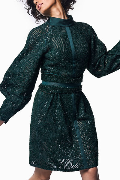Emerald crystal embroidered shift dress