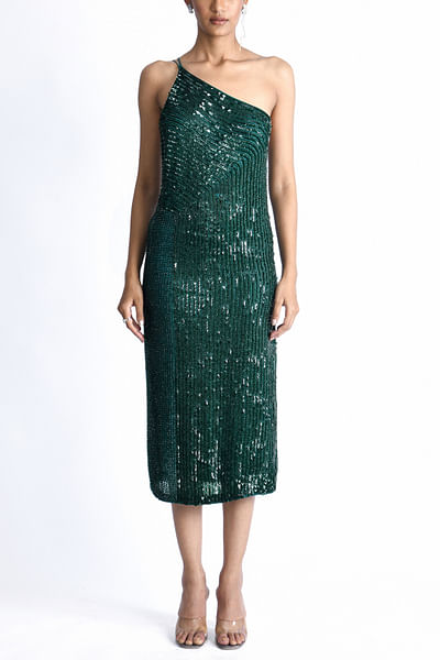Emerald embellished one-shoulder dress