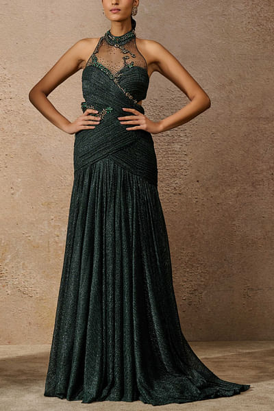 Emerald embroidered crinkle gown