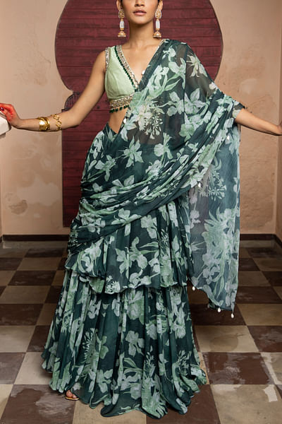 Emerald floral printed lehenga sari set