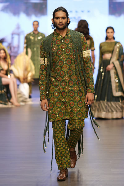 Emerald green ajarkh print kurta set
