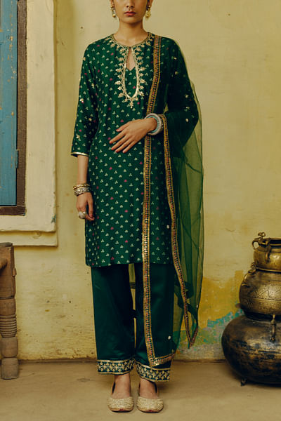 Emerald green bandhani printed kurta set