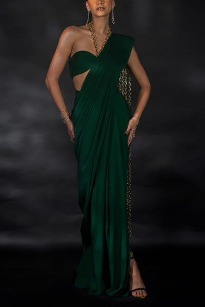 Emerald green chain detail pre-draped sari set