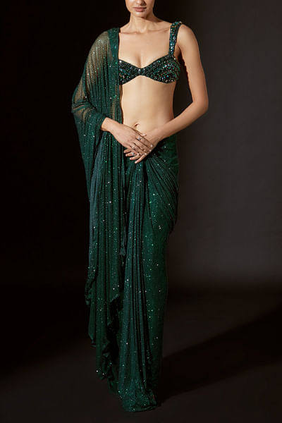 Emerald green crystal pre-stitched sari set
