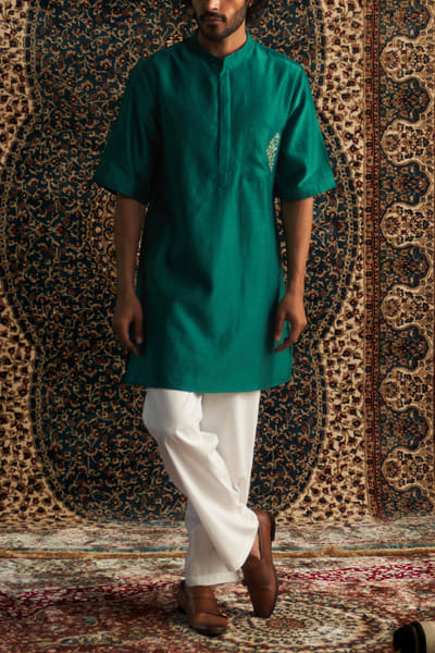 Emerald green dabka embroidered kurta set