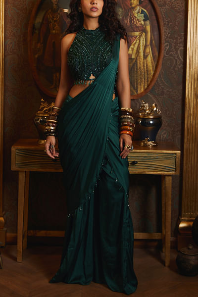 Emerald green draped sharara sari set