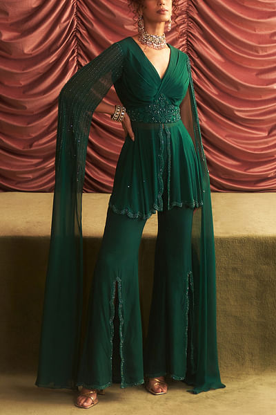 Emerald green embellished peplum set