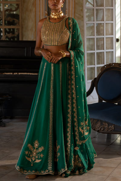 Emerald green floral embroidery lehenga set