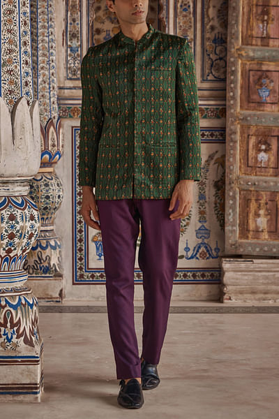 Emerald green floral printed achkan set
