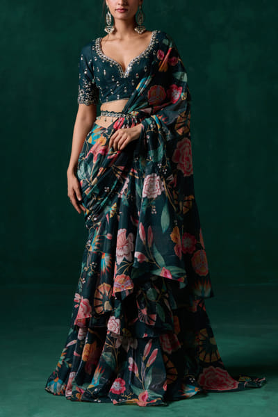 Emerald green floral printed pre-draped sari set