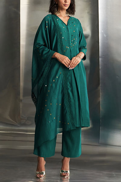 Emerald green gem embellished kurta set