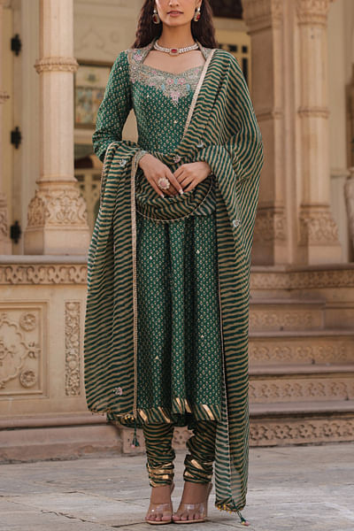 Emerald green motif printed anarkali set