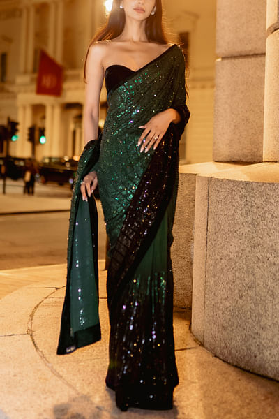 Emerald green ombre Swarovski sequin sari set