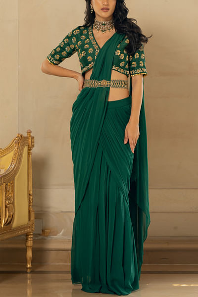 Emerald green pre-stitched sari set