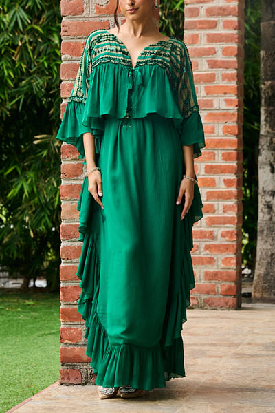 Emerald green ruffled kaftan