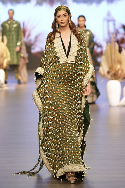 Emerald green sequin embroidered kaftan