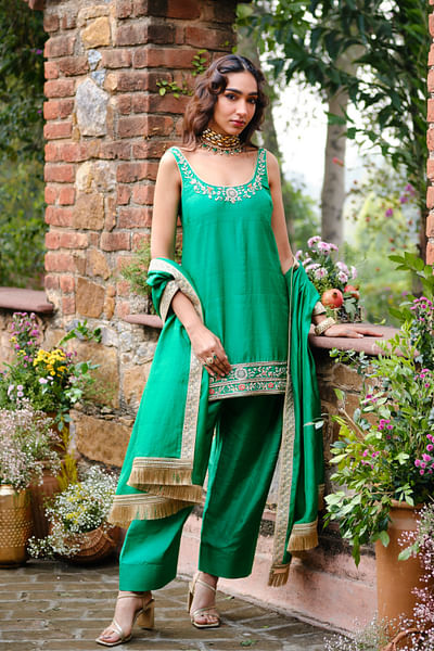 Emerald green sequin embroidered kurta sets