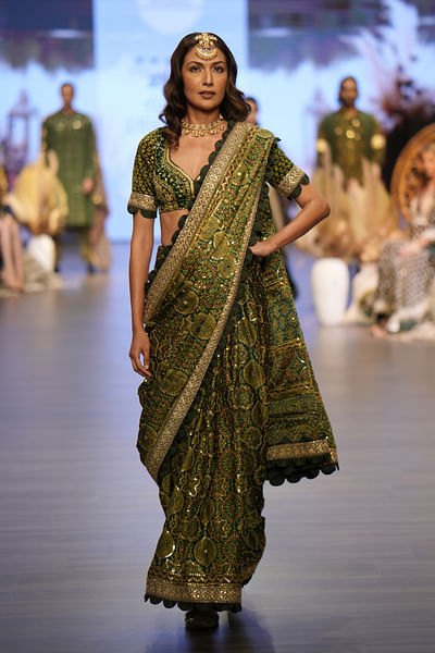 Emerald green sequin embroidered sari set
