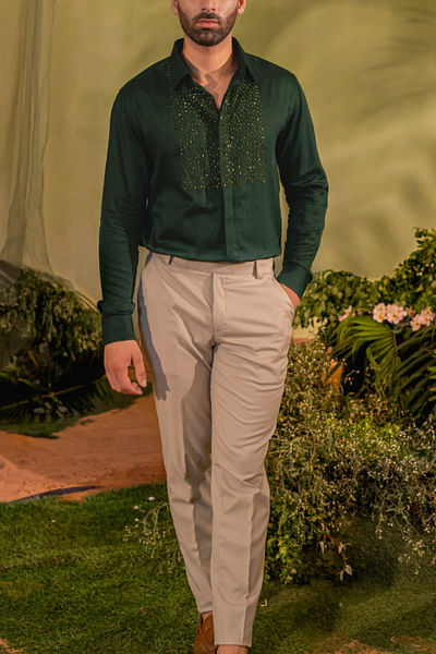 Emerald green vegan silk embroidered shirt