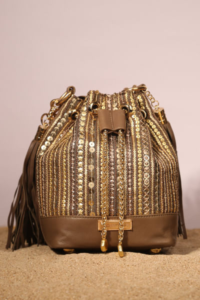 English grey sequin work bucket bag