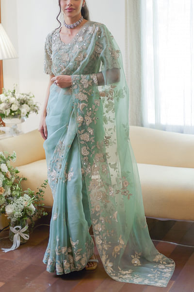 Fall green floral and bird embroidered sari set