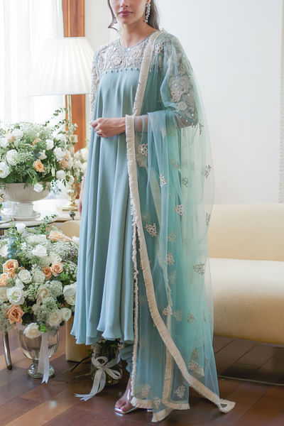 Fall green floral embroidered anarkali set