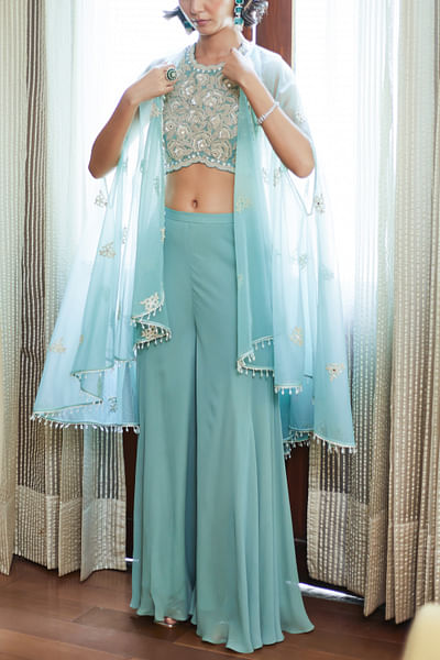 Fall green floral embroidered cape set
