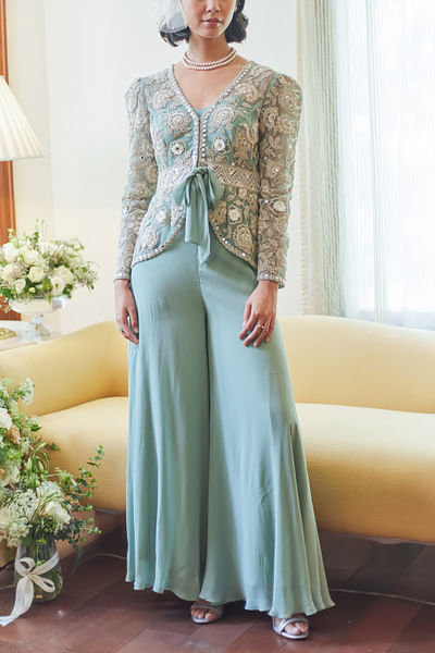 Fall green floral embroidered jacket set