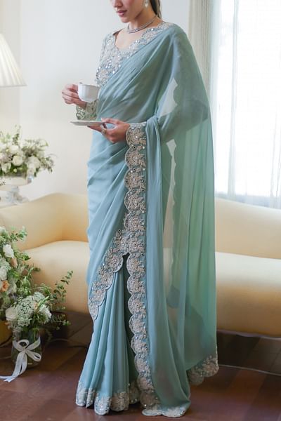 Fall green floral embroidered sari set