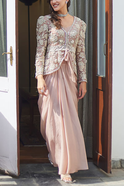 Fall pink floral embroidered jacket set